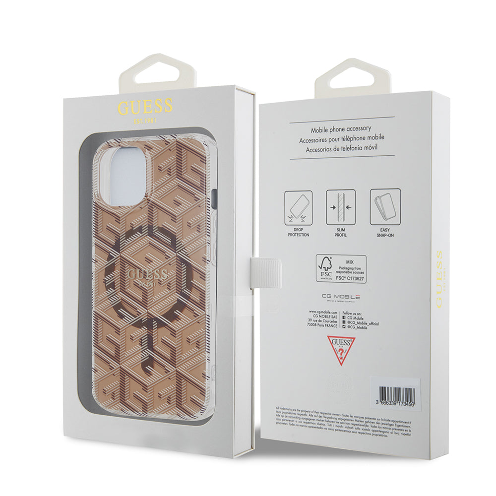 Husa MagSafe pentru Apple iPhone 15, Guess, IML Gcube, Maro