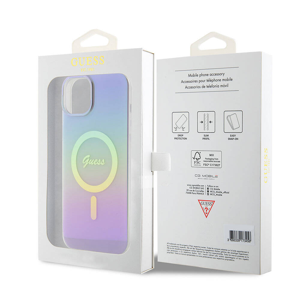 Husa MagSafe pentru Apple iPhone 15, Guess, IML Iridescent, Mov