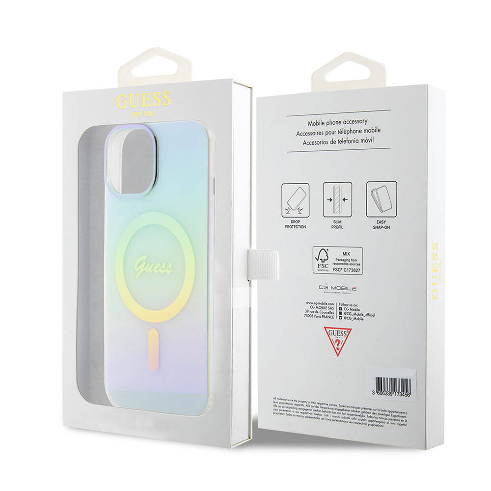 Husa MagSafe pentru Apple iPhone 15, Guess, IML Iridescent, Turcoaz