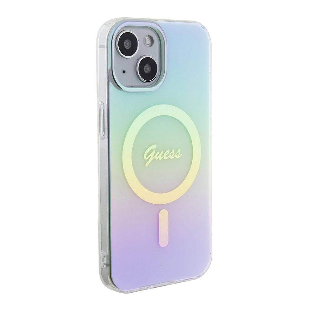 Husa MagSafe pentru Apple iPhone 15, Guess, IML Iridescent, Turcoaz