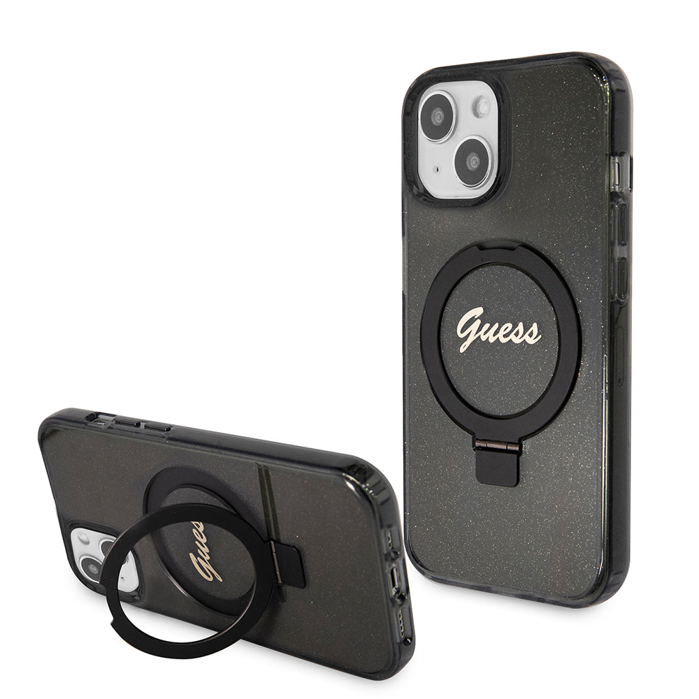 Husa MagSafe pentru Apple iPhone 15, Guess, Ring Stand Script Glitter, Neagra