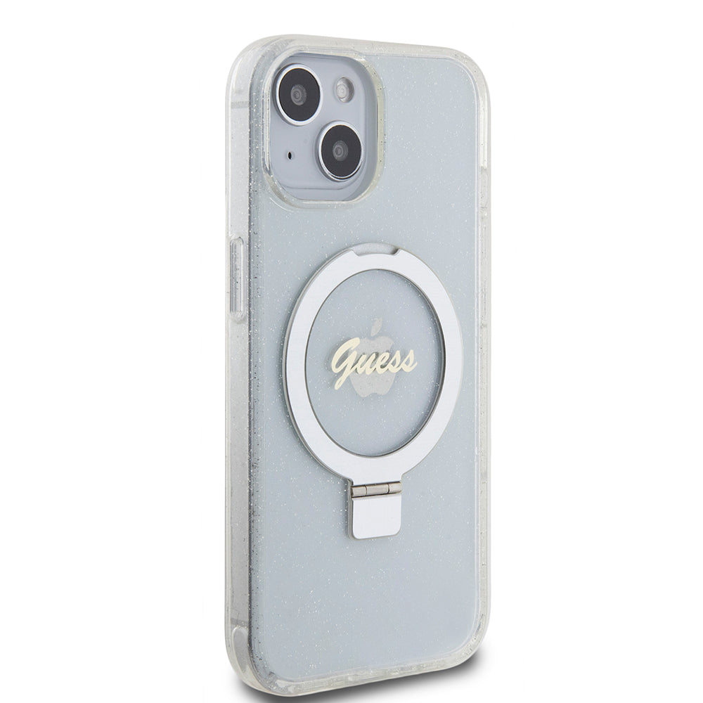 Husa MagSafe pentru Apple iPhone 15, Guess, Ring Stand Script Glitter, Transparenta
