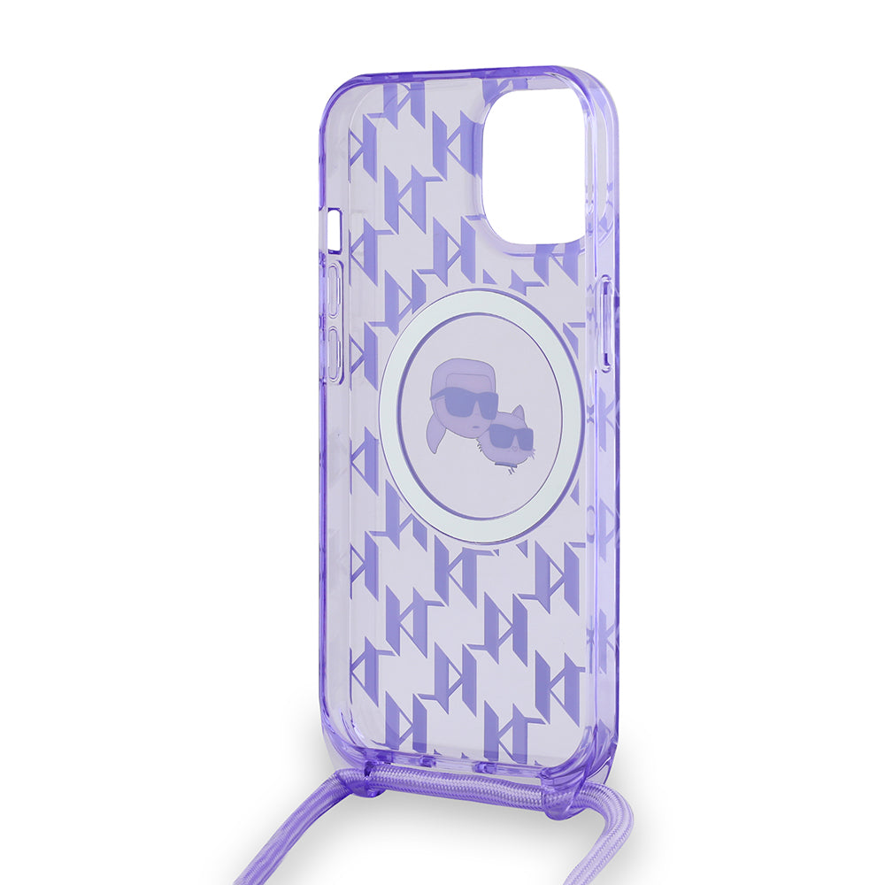 Husa MagSafe pentru Apple iPhone 15, Karl Lagerfeld, IML Crossbody Monogram Karl & Choupette's Heads, Mov
