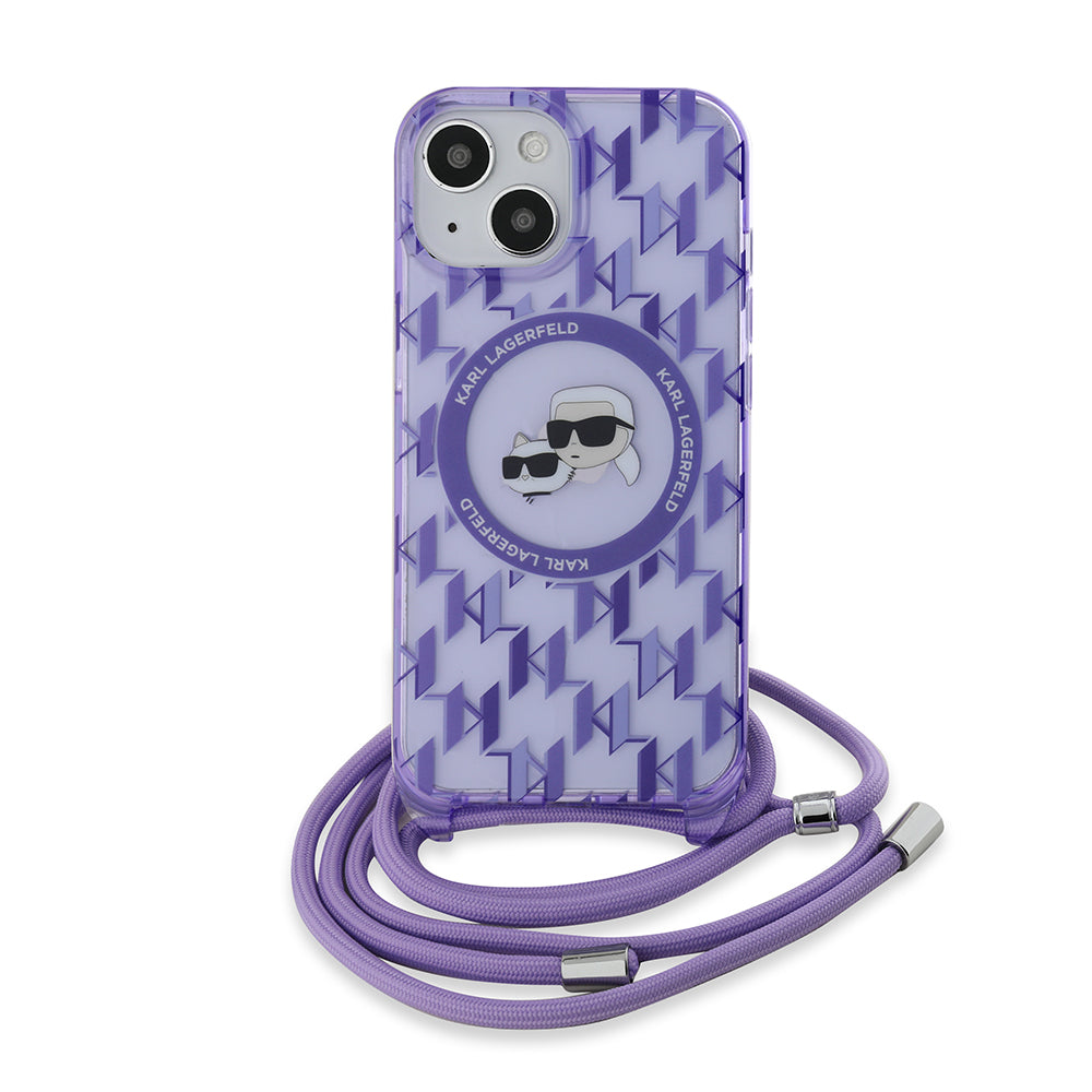 Husa MagSafe pentru Apple iPhone 15, Karl Lagerfeld, IML Crossbody Monogram Karl & Choupette's Heads, Mov