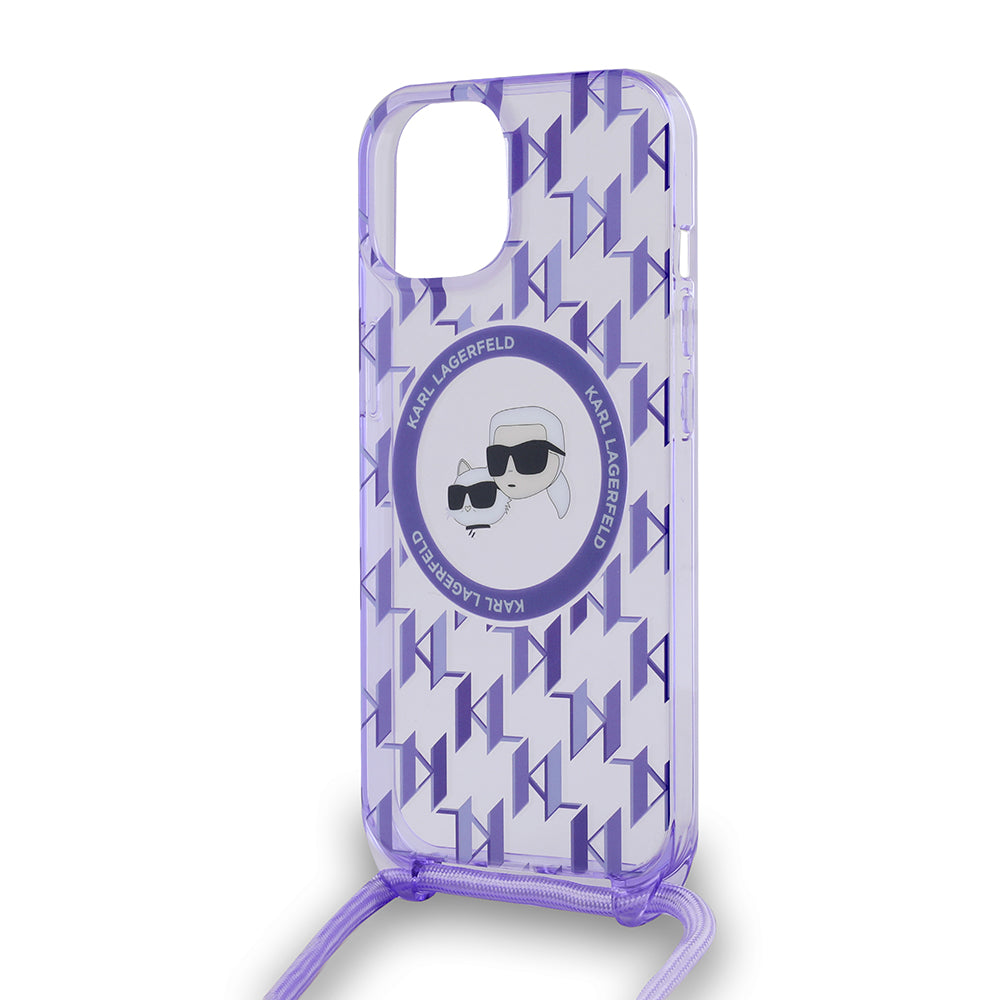 Husa MagSafe pentru Apple iPhone 15, Karl Lagerfeld, IML Crossbody Monogram Karl & Choupette's Heads, Mov
