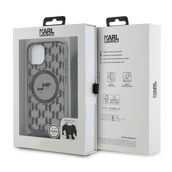 Husa MagSafe pentru Apple iPhone 15, Karl Lagerfeld, IML Crossbody Monogram Karl & Choupette's Heads, Neagra