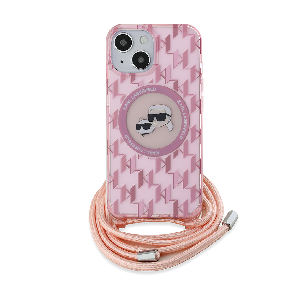 Husa MagSafe pentru Apple iPhone 15, Karl Lagerfeld, IML Crossbody Monogram Karl & Choupette's Heads, Roz