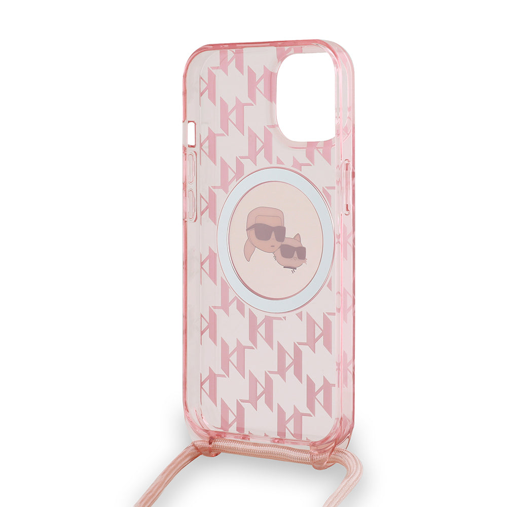 Husa MagSafe pentru Apple iPhone 15, Karl Lagerfeld, IML Crossbody Monogram Karl & Choupette's Heads, Roz