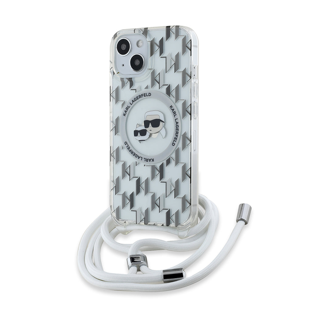 Husa MagSafe pentru Apple iPhone 15, Karl Lagerfeld, IML Crossbody Monogram Karl & Choupette's Heads, Transparenta