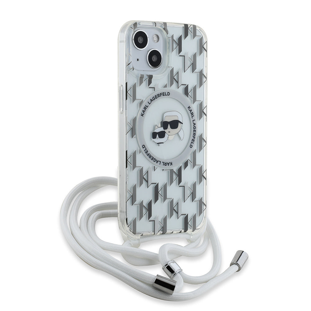 Husa MagSafe pentru Apple iPhone 15, Karl Lagerfeld, IML Crossbody Monogram Karl & Choupette's Heads, Transparenta