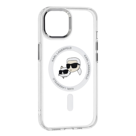Husa MagSafe pentru Apple iPhone 15, Karl Lagerfeld, IML Metal Karl & Choupette's Heads, Alba