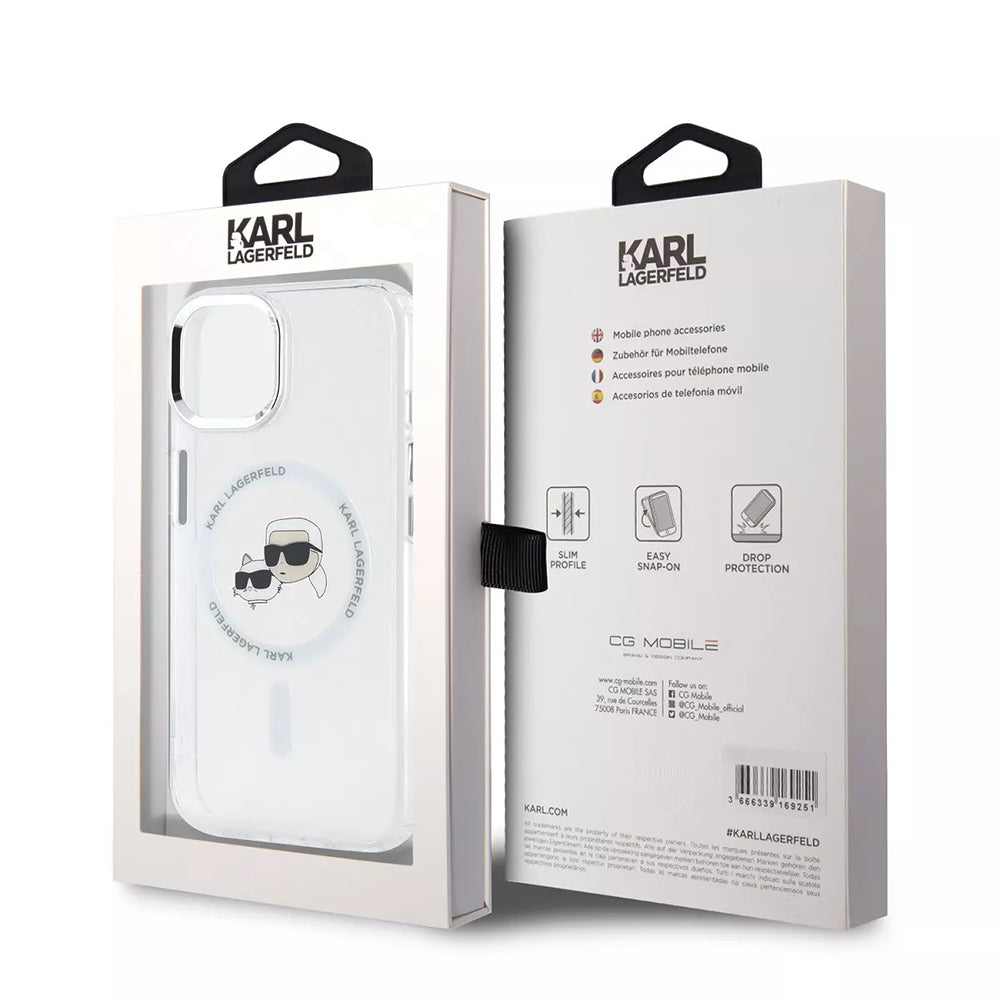 Husa MagSafe pentru Apple iPhone 15, Karl Lagerfeld, IML Metal Karl & Choupette's Heads, Alba