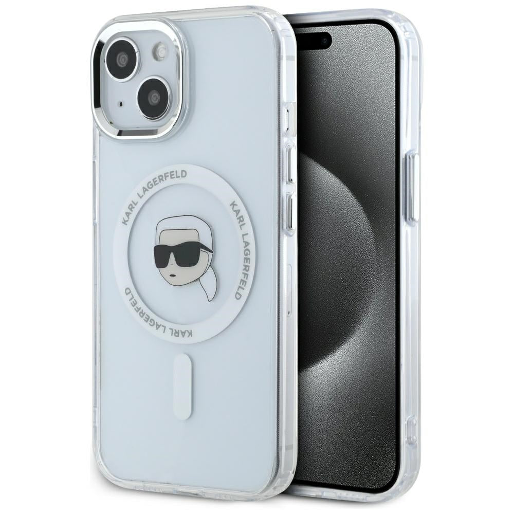 Husa MagSafe pentru Apple iPhone 15, Karl Lagerfeld, IML Metal Karl's Head, Alba