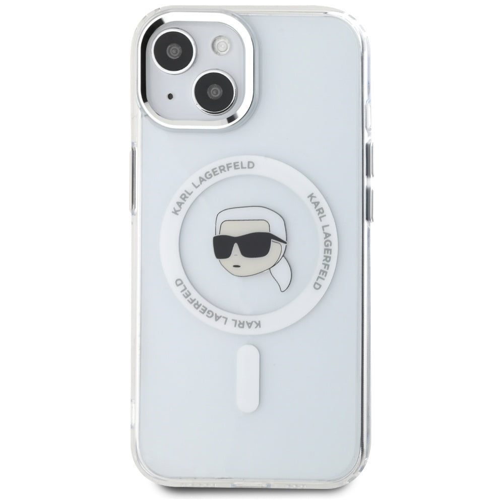 Husa MagSafe pentru Apple iPhone 15, Karl Lagerfeld, IML Metal Karl's Head, Alba