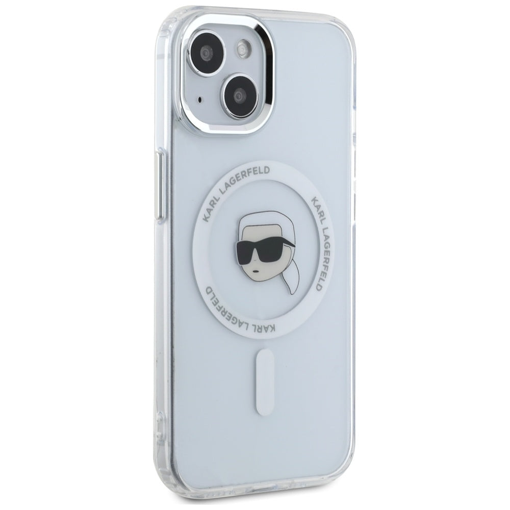 Husa MagSafe pentru Apple iPhone 15, Karl Lagerfeld, IML Metal Karl's Head, Alba