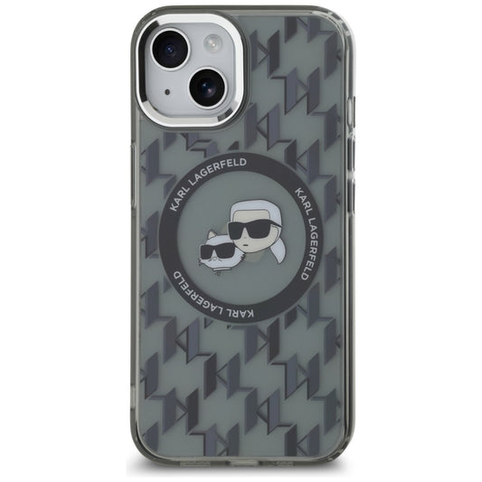 Husa MagSafe pentru Apple iPhone 15, Karl Lagerfeld, IML Monogram Karl & Choupette's Heads, Neagra