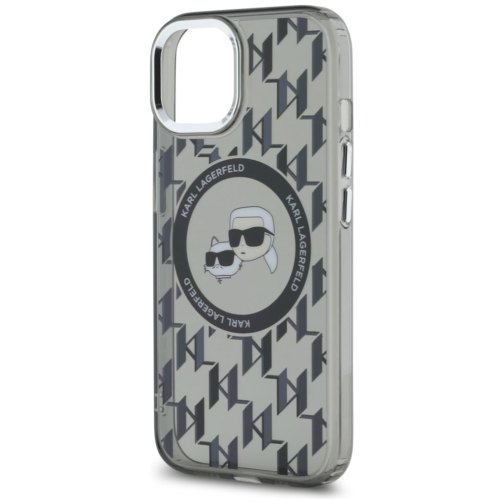 Husa MagSafe pentru Apple iPhone 15, Karl Lagerfeld, IML Monogram Karl & Choupette's Heads, Neagra