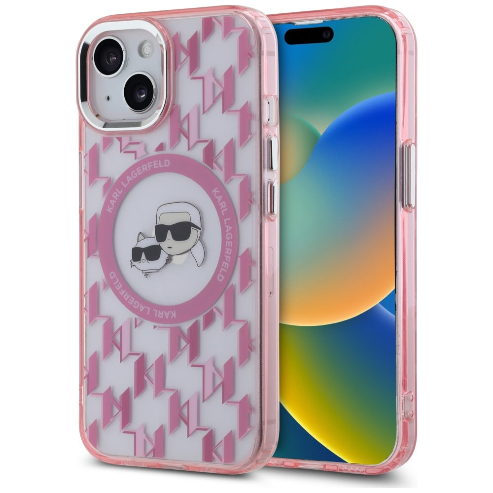 Husa MagSafe pentru Apple iPhone 15, Karl Lagerfeld, IML Monogram Karl & Choupette's Heads, Roz
