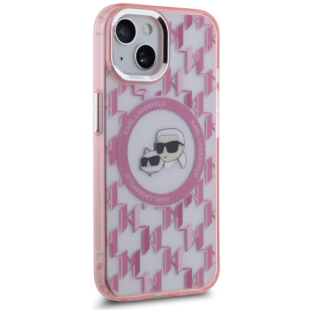 Husa MagSafe pentru Apple iPhone 15, Karl Lagerfeld, IML Monogram Karl & Choupette's Heads, Roz