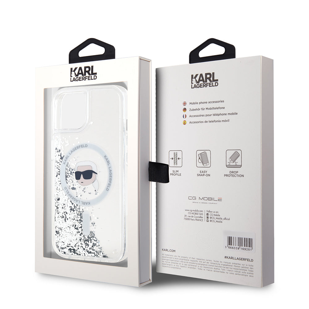 Husa MagSafe pentru Apple iPhone 15, Karl Lagerfeld, Liquid Glitter Karl's Head, Transparenta