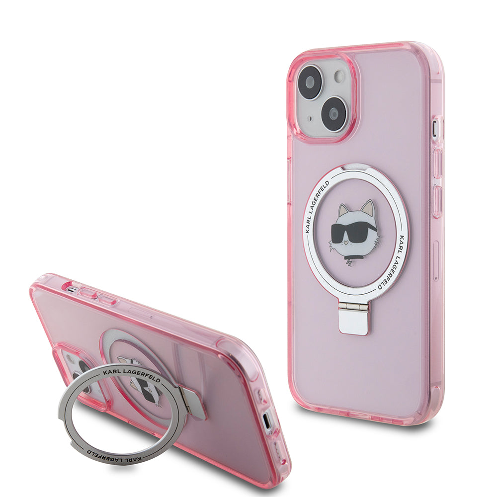 Husa MagSafe pentru Apple iPhone 15, Karl Lagerfeld, Ring Stand Choupette's Head, Roz
