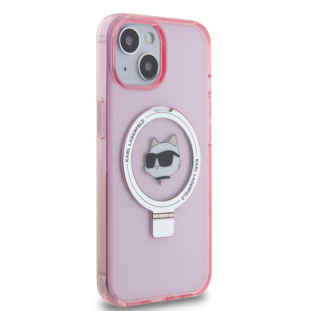 Husa MagSafe pentru Apple iPhone 15, Karl Lagerfeld, Ring Stand Choupette's Head, Roz