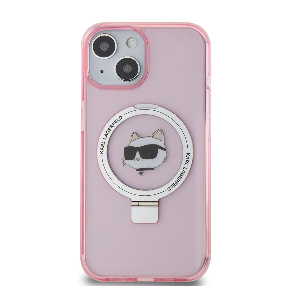 Husa MagSafe pentru Apple iPhone 15, Karl Lagerfeld, Ring Stand Choupette's Head, Roz