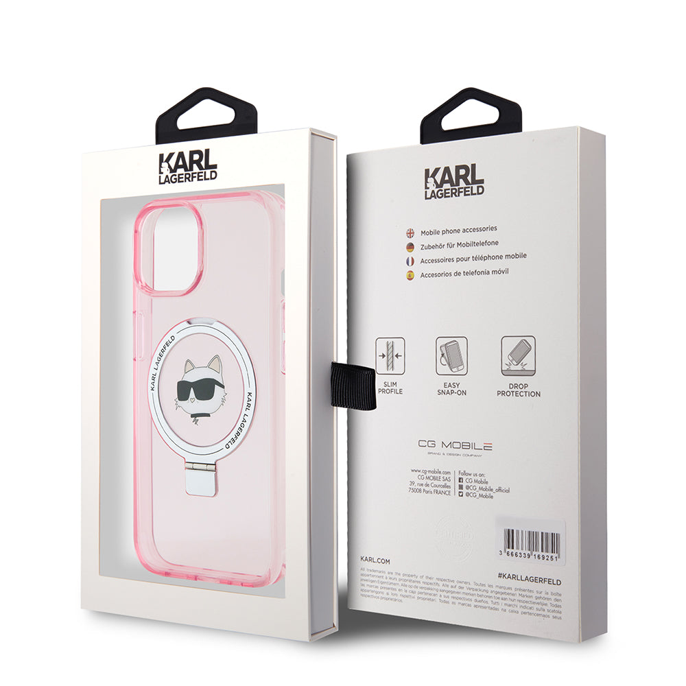 Husa MagSafe pentru Apple iPhone 15, Karl Lagerfeld, Ring Stand Choupette's Head, Roz