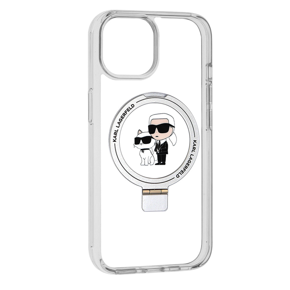 Husa MagSafe pentru Apple iPhone 15, Karl Lagerfeld, Ring Stand Karl & Choupette, Alba