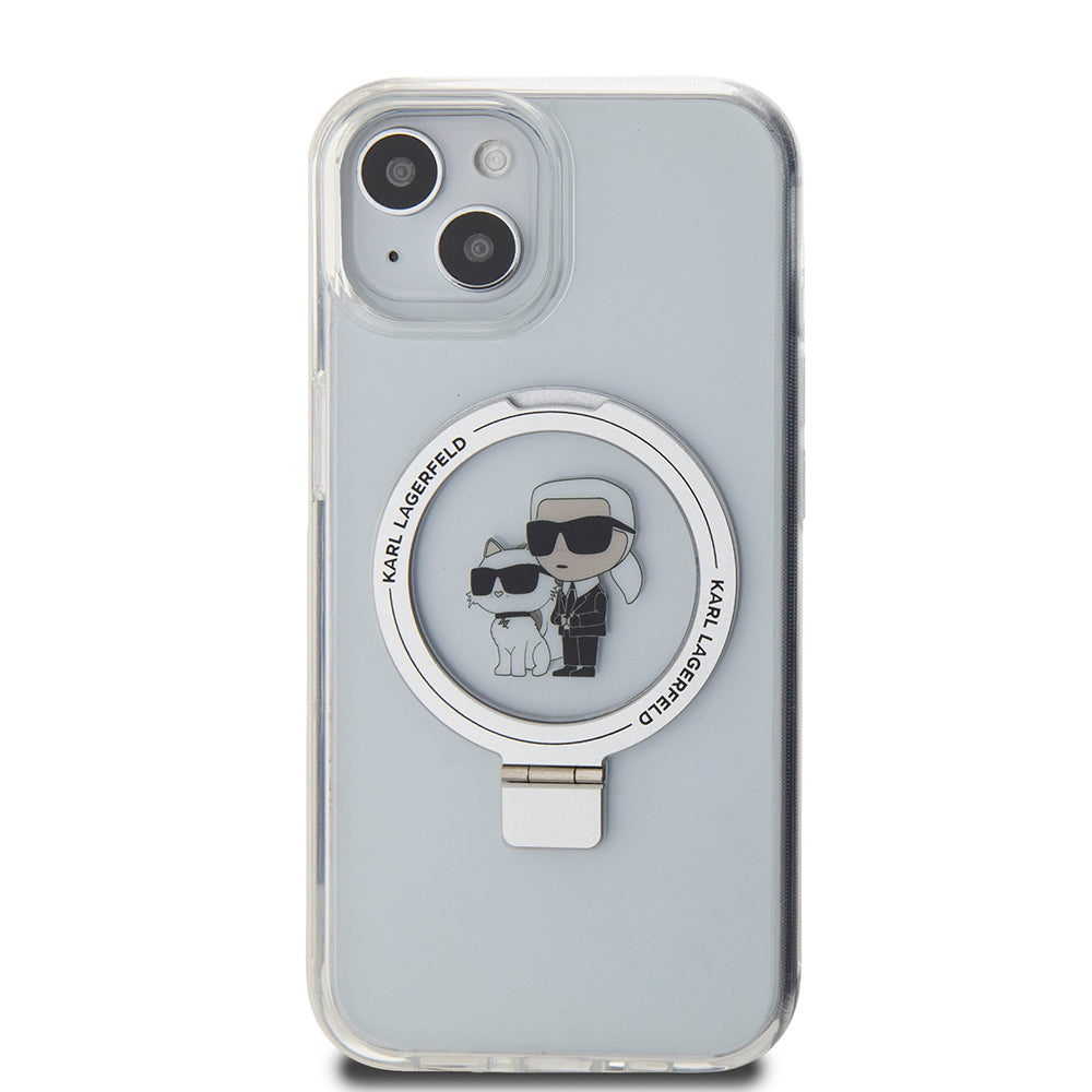 Husa MagSafe pentru Apple iPhone 15, Karl Lagerfeld, Ring Stand Karl & Choupette, Alba