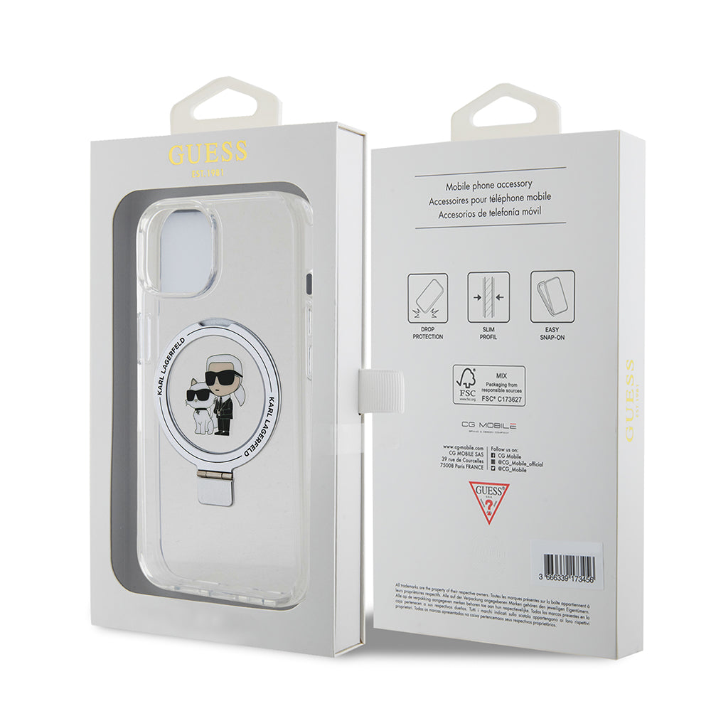 Husa MagSafe pentru Apple iPhone 15, Karl Lagerfeld, Ring Stand Karl & Choupette, Alba