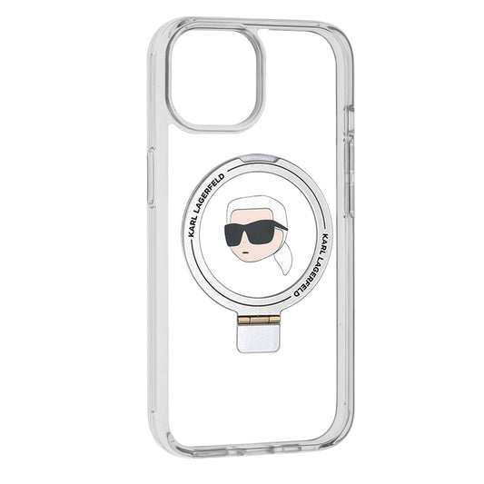 Husa MagSafe pentru Apple iPhone 15, Karl Lagerfeld, Ring Stand Karl's Head, Alba
