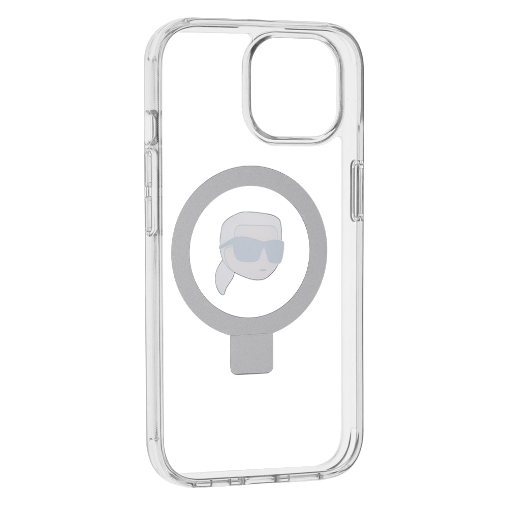 Husa MagSafe pentru Apple iPhone 15, Karl Lagerfeld, Ring Stand Karl's Head, Alba
