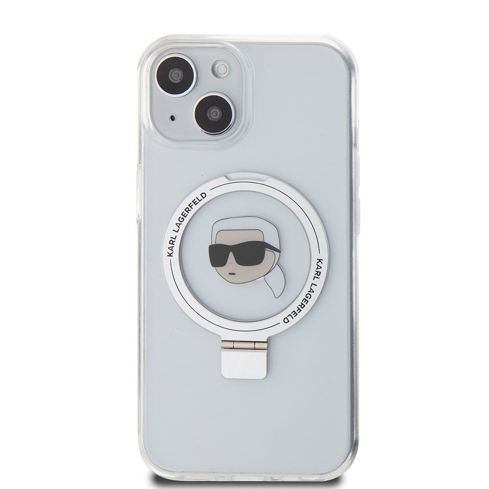 Husa MagSafe pentru Apple iPhone 15, Karl Lagerfeld, Ring Stand Karl's Head, Alba