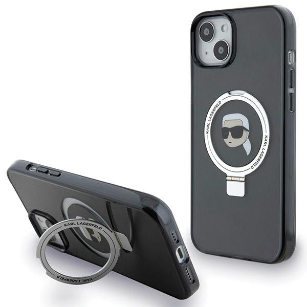 Husa MagSafe pentru Apple iPhone 15, Karl Lagerfeld, Ring Stand Karl's Head, Neagra