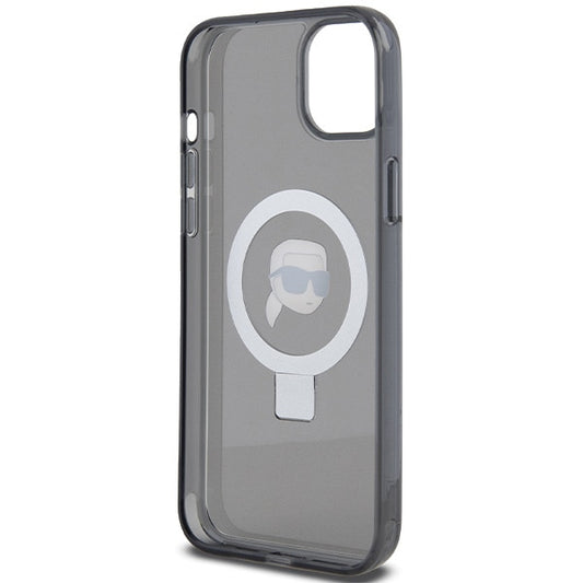 Husa MagSafe pentru Apple iPhone 15, Karl Lagerfeld, Ring Stand Karl's Head, Neagra