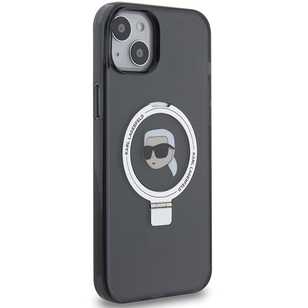 Husa MagSafe pentru Apple iPhone 15, Karl Lagerfeld, Ring Stand Karl's Head, Neagra
