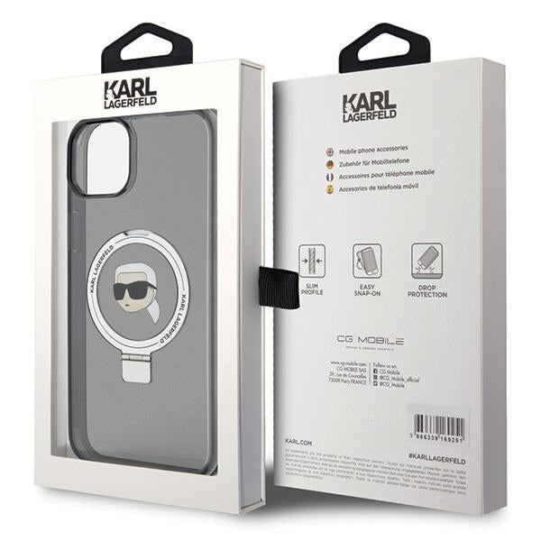 Husa MagSafe pentru Apple iPhone 15, Karl Lagerfeld, Ring Stand Karl's Head, Neagra