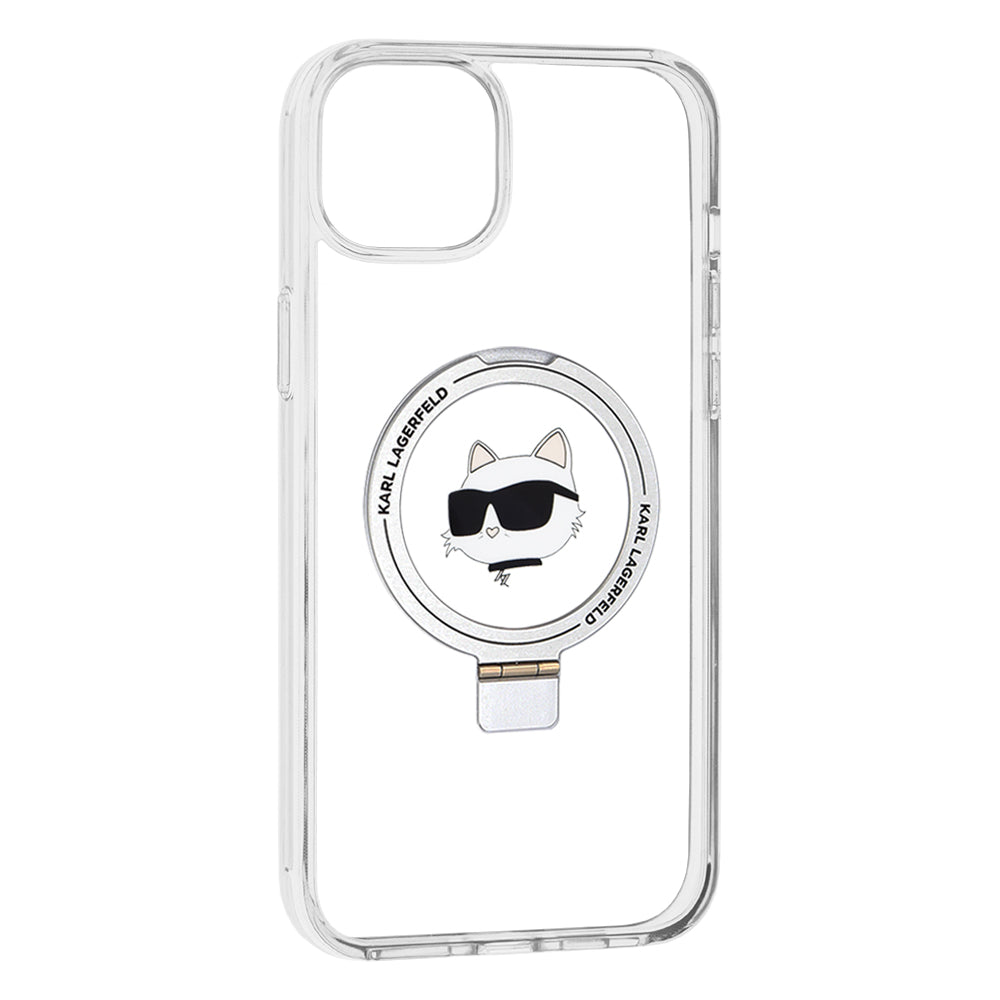 Husa MagSafe pentru Apple iPhone 15 Plus / 14 Plus, Karl Lagerfeld, Ring Stand Choupette's Head, Alba