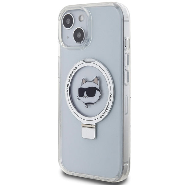 Husa MagSafe pentru Apple iPhone 15 Plus / 14 Plus, Karl Lagerfeld, Ring Stand Choupette's Head, Alba