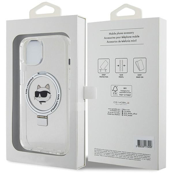 Husa MagSafe pentru Apple iPhone 15 Plus / 14 Plus, Karl Lagerfeld, Ring Stand Choupette's Head, Alba