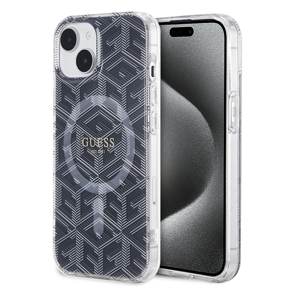 Husa MagSafe pentru Apple iPhone 15 Plus, Guess, IML Gcube, Neagra