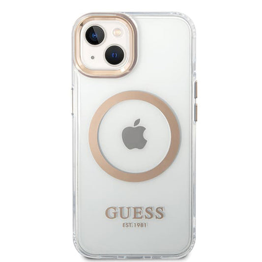 Husa MagSafe pentru Apple iPhone 15 Plus, Guess, Metal Outline, Aurie