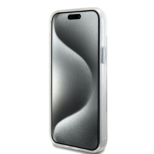 Husa MagSafe pentru Apple iPhone 15 Plus, Guess, Ring Stand Script Glitter, Transparenta