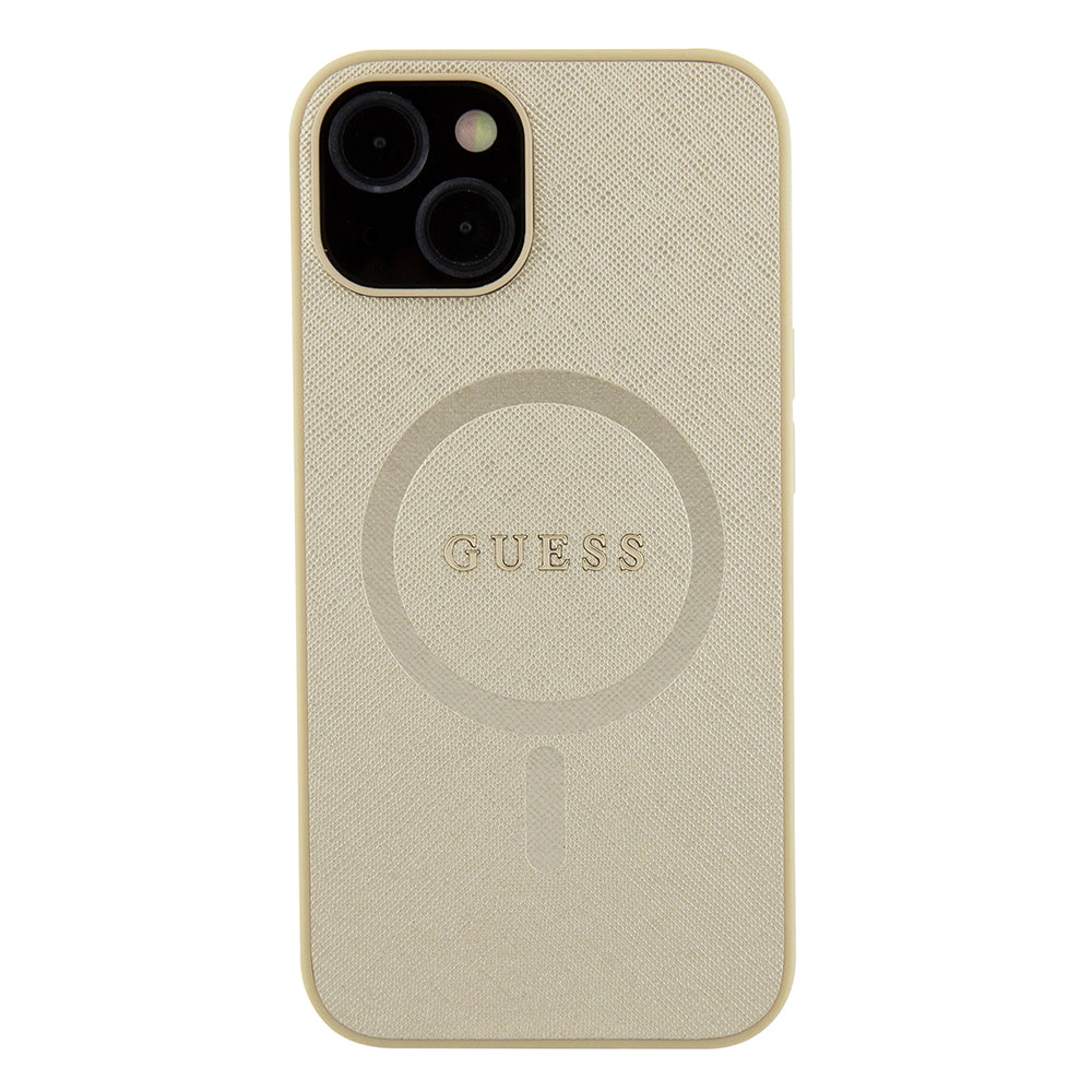 Husa MagSafe pentru Apple iPhone 15 Plus, Guess, Saffiano, Aurie