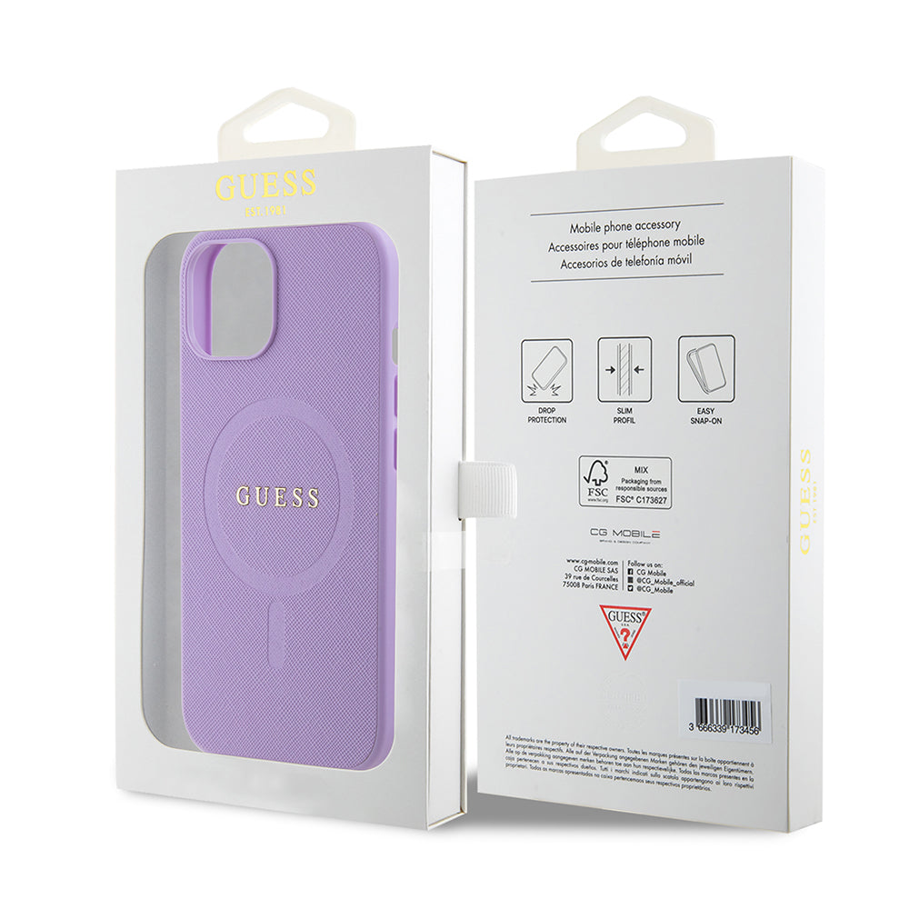 Husa MagSafe pentru Apple iPhone 15 Plus, Guess, Saffiano, Mov