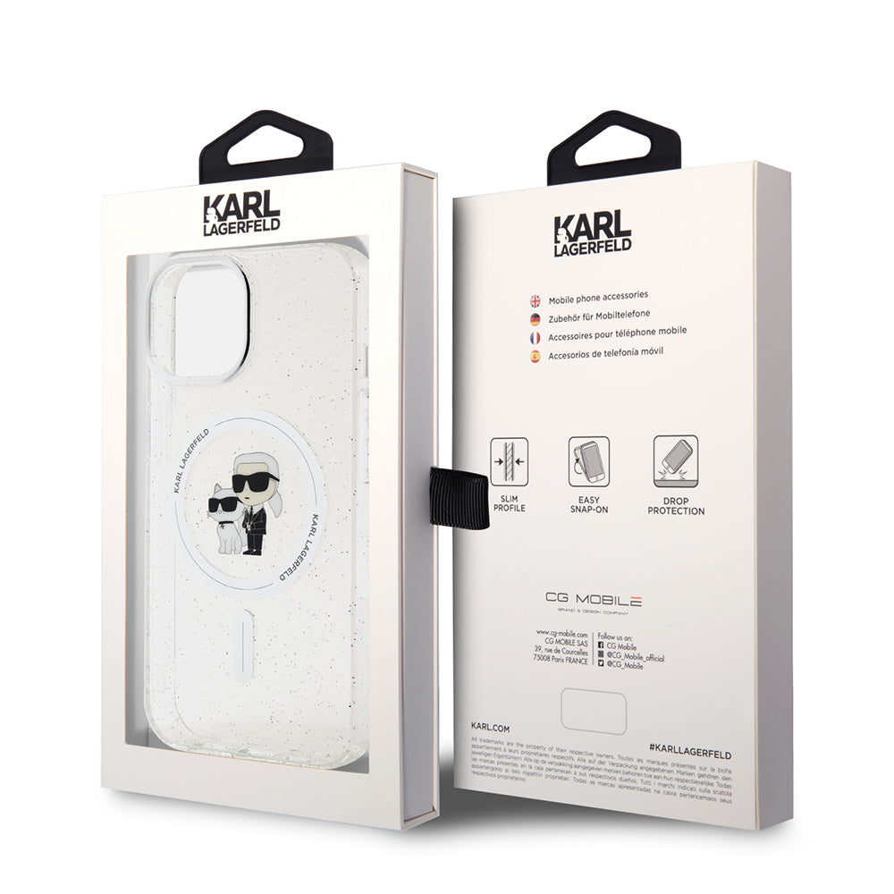 Husa MagSafe pentru Apple iPhone 15 Plus, Karl Lagerfeld, Glitter Karl & Choupette, Transparenta