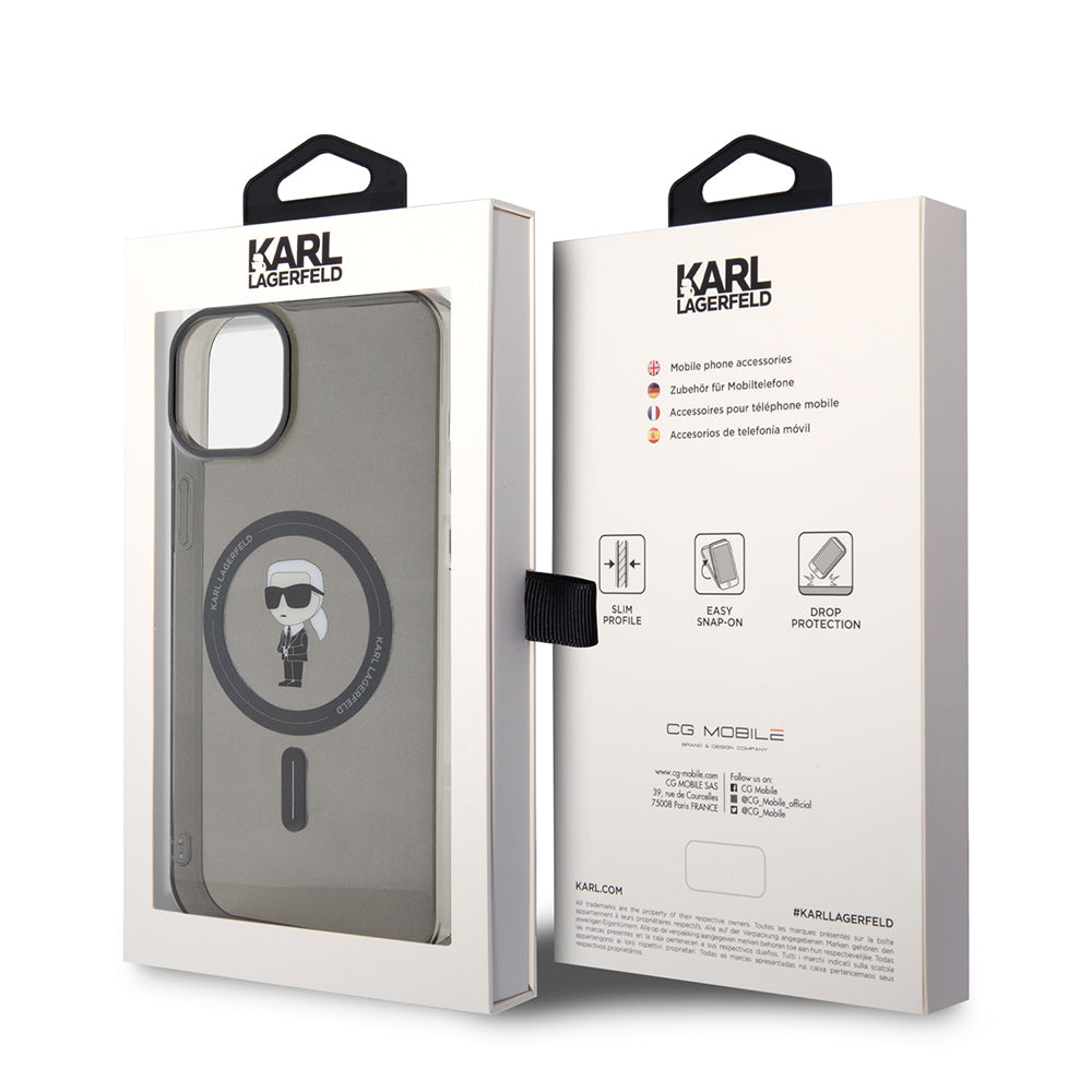 Husa MagSafe pentru Apple iPhone 15 Plus, Karl Lagerfeld, IML Ikonik Karl, Neagra
