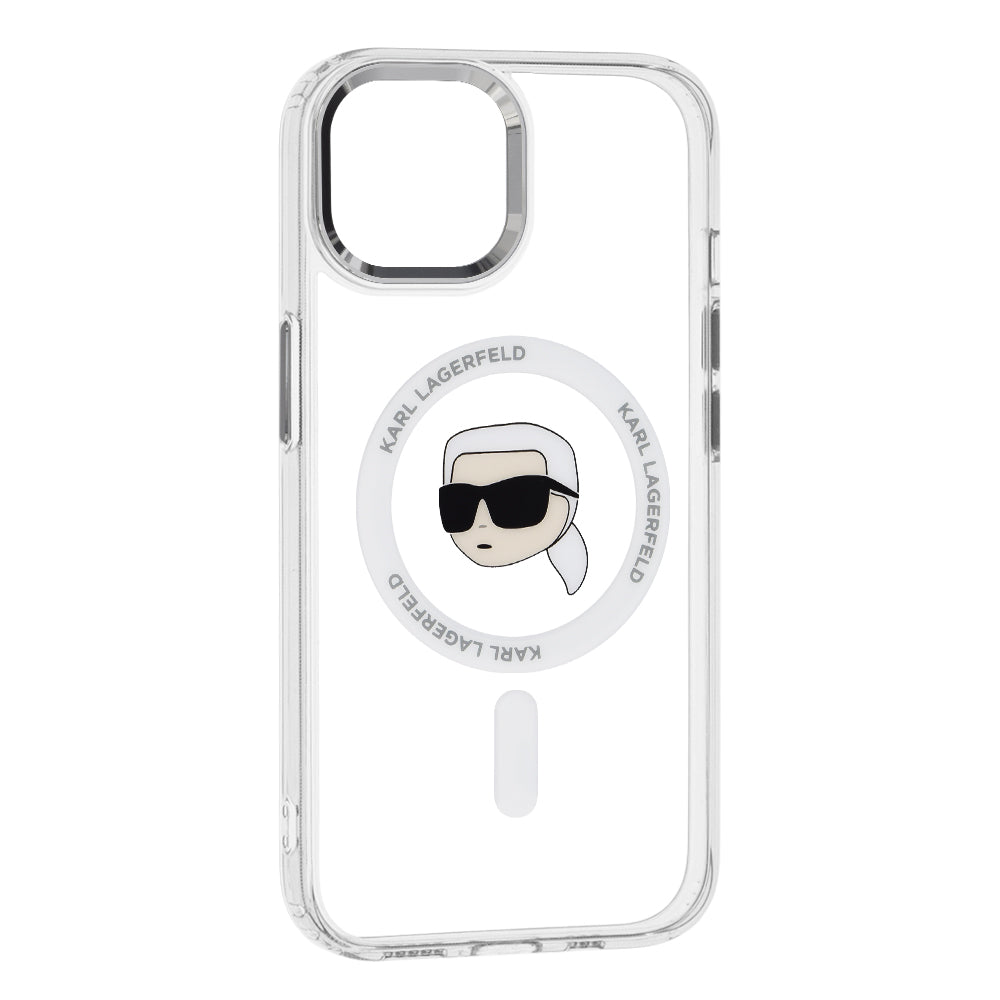 Husa MagSafe pentru Apple iPhone 15 Plus, Karl Lagerfeld, IML Metal Karl's Head, Alba