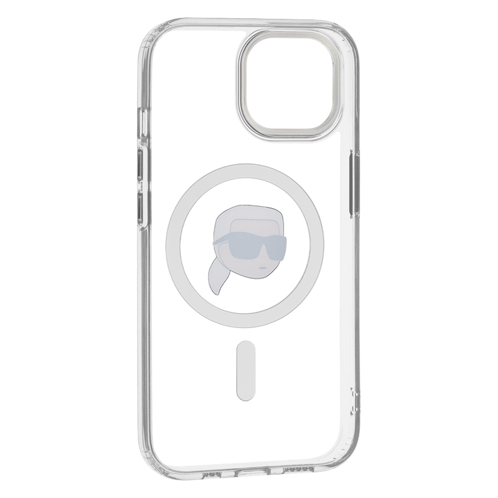 Husa MagSafe pentru Apple iPhone 15 Plus, Karl Lagerfeld, IML Metal Karl's Head, Alba